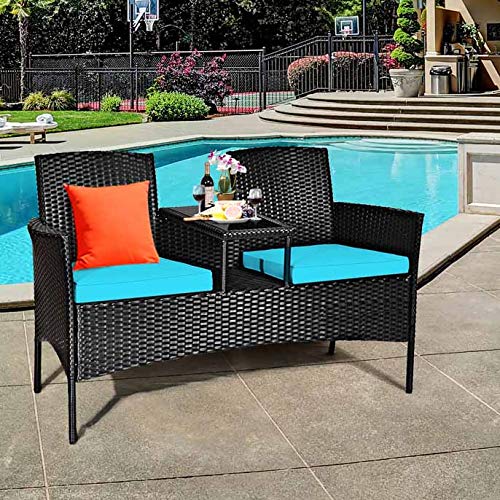 LDAILY Patio Conversation Set, Modern Rattan Loveseat, Outdoor Furniture Set with Removable Cushions & Table, Patio Wicker Sofa Set