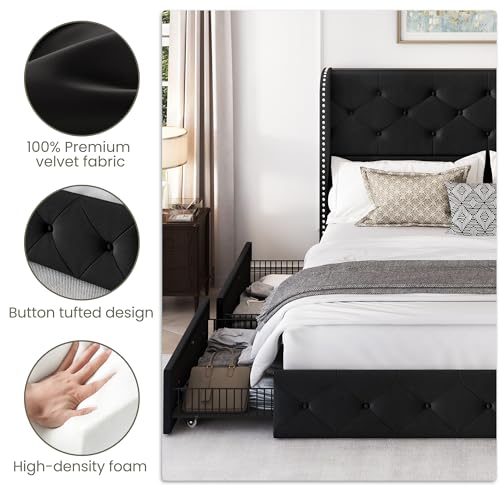 King Size Bed Frame with 4 Storage Drawers and Tufted Headboard Linen Upholstered Platform Bed Frame Wingback Beds with Wooden Slats Support
