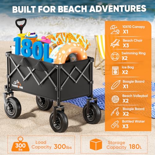 Big Rubber Wheels Beach Wagon Cart Foldable, 9x3 All-Terrain Wheels, Heavy Duty Collapsible Utility Wagon with 330lbs Capacity, Compact Storage