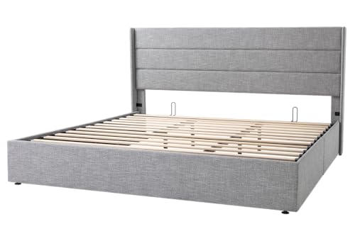 Allewie Full Size Lift Up Storage Bed, Modern Wingback Headboard, Hydraulic Support, No Box Spring Needed, Light Beige