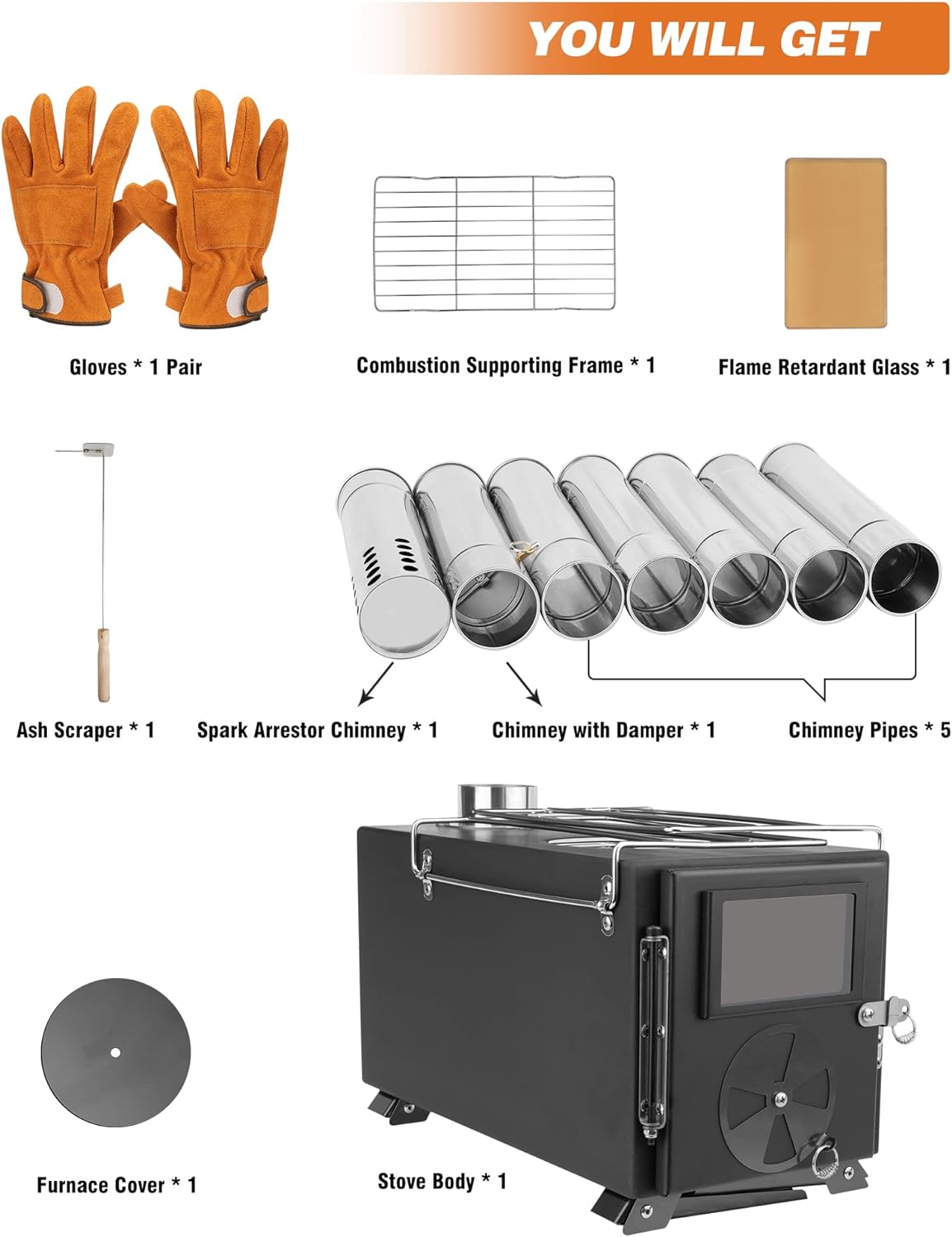 Wood Burning Stove for Hot Tents, Camping Stove with Chimney Pipes for Tents, Shelter, Outdoor Portable Wood Stove for Cooking and Heating