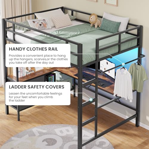 DICTAC Loft Bed Full Size with L-Shaped Desk and Charging Station Full Metal Bed Frame with LED Lights,Open Shelves and 3 Fabric Storage Drawers