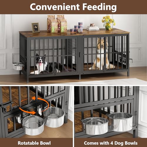 Extra Large 80" Dog Crate Furniture for 2 Dogs, Double Dog Crates for Large Dogs with 2 Dog Bowl, Wooden Pet Cage with Removable Divider