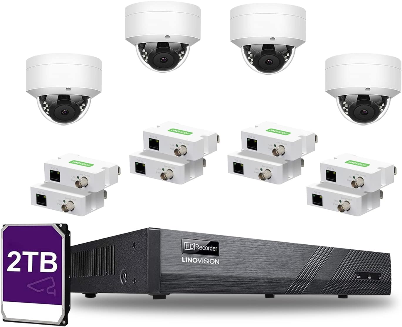 LINOVISION NDAA Compliant 8CH 4K IP Security Camera System with (4) Pairs POE IP Over Coax Converters, (4) 5MP POE IP Dome Cameras