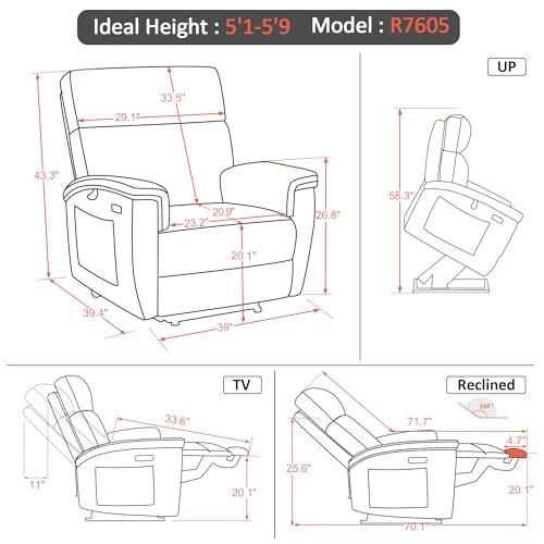 MCombo Power Lift Recliner Chair with Massage and Dual Heating, Adjustable Headrest, Extended Footrest for Elderly People, Fabric R7605 (Dark Grey)