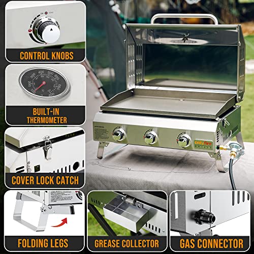 Portable Propane Gas Griddle 3-Burner with Foldable Cart & Side Table, Flat Top Gas Grill Griddle Stove with Lid