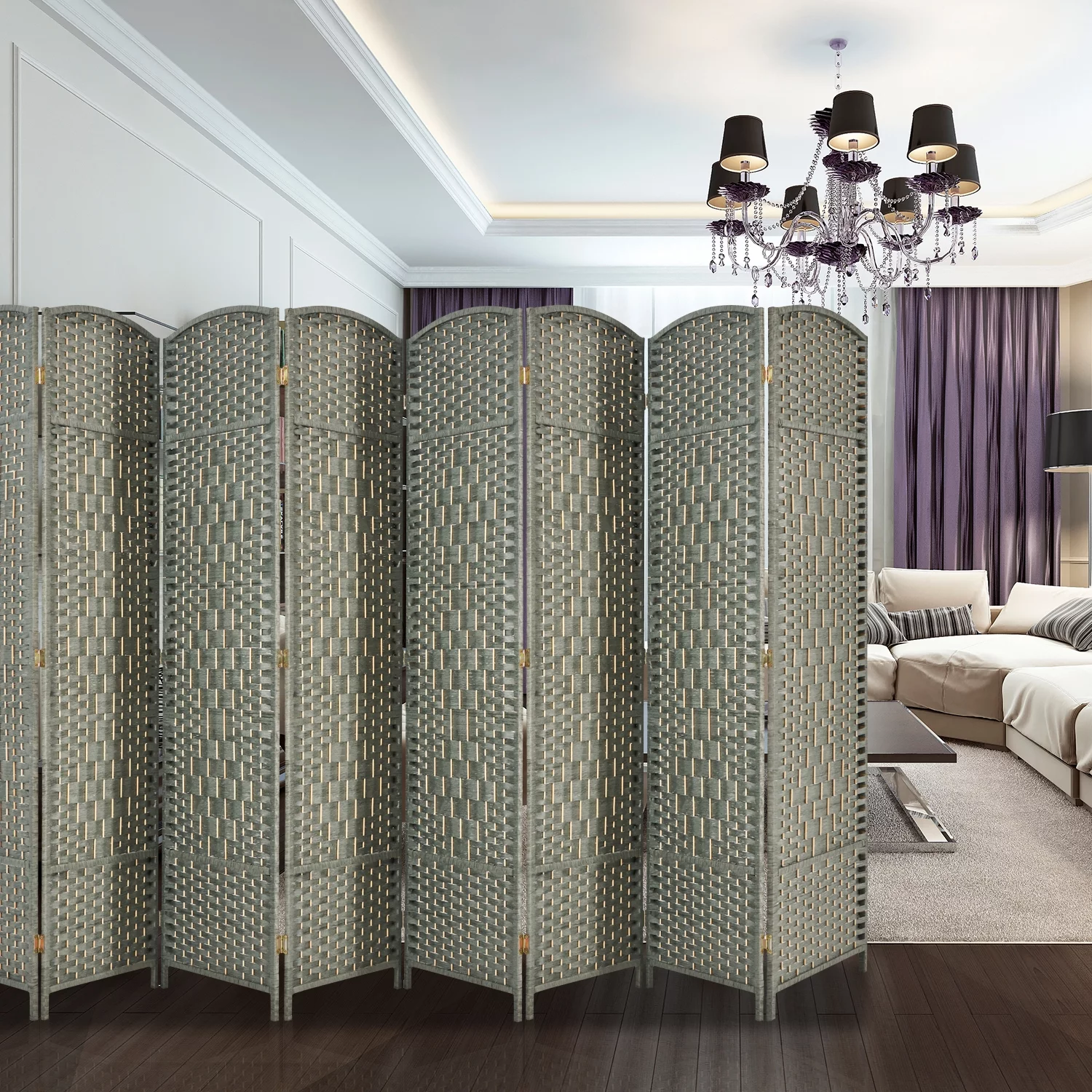 EXCITED WORK 5.7ft Wood Fiber Woven Room Divider 8 Panels, Foldable Mobile Grey Wood Room Divider, Oriental Style Furniture Space Divider