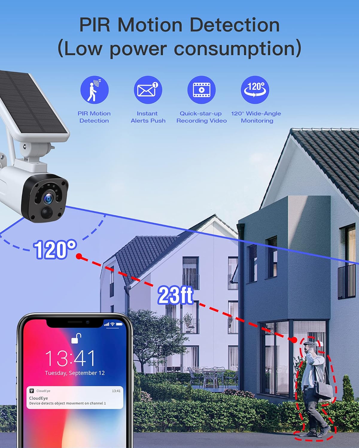 Solar Security Camera Outdoor, Wireless Solar Powered Security Camera (Includes Base Station and 1 1080P Camera) with PIR Motion Detection