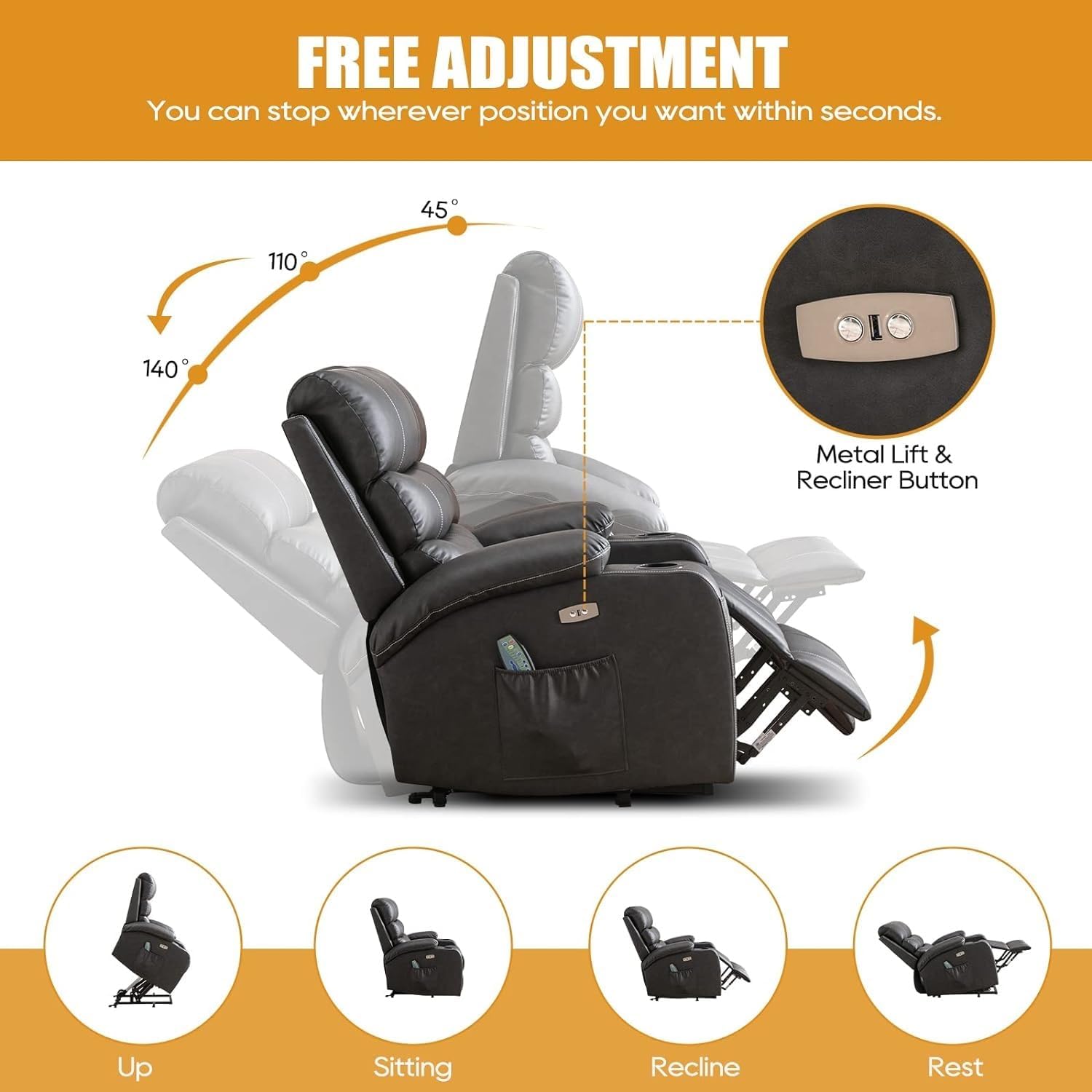 Power Lift Recliner Chair with Heat and Massage for Elderly, Electric Recliner Chairs with Standing Assistance, 2 Cup Holders, 2 Side Pockets