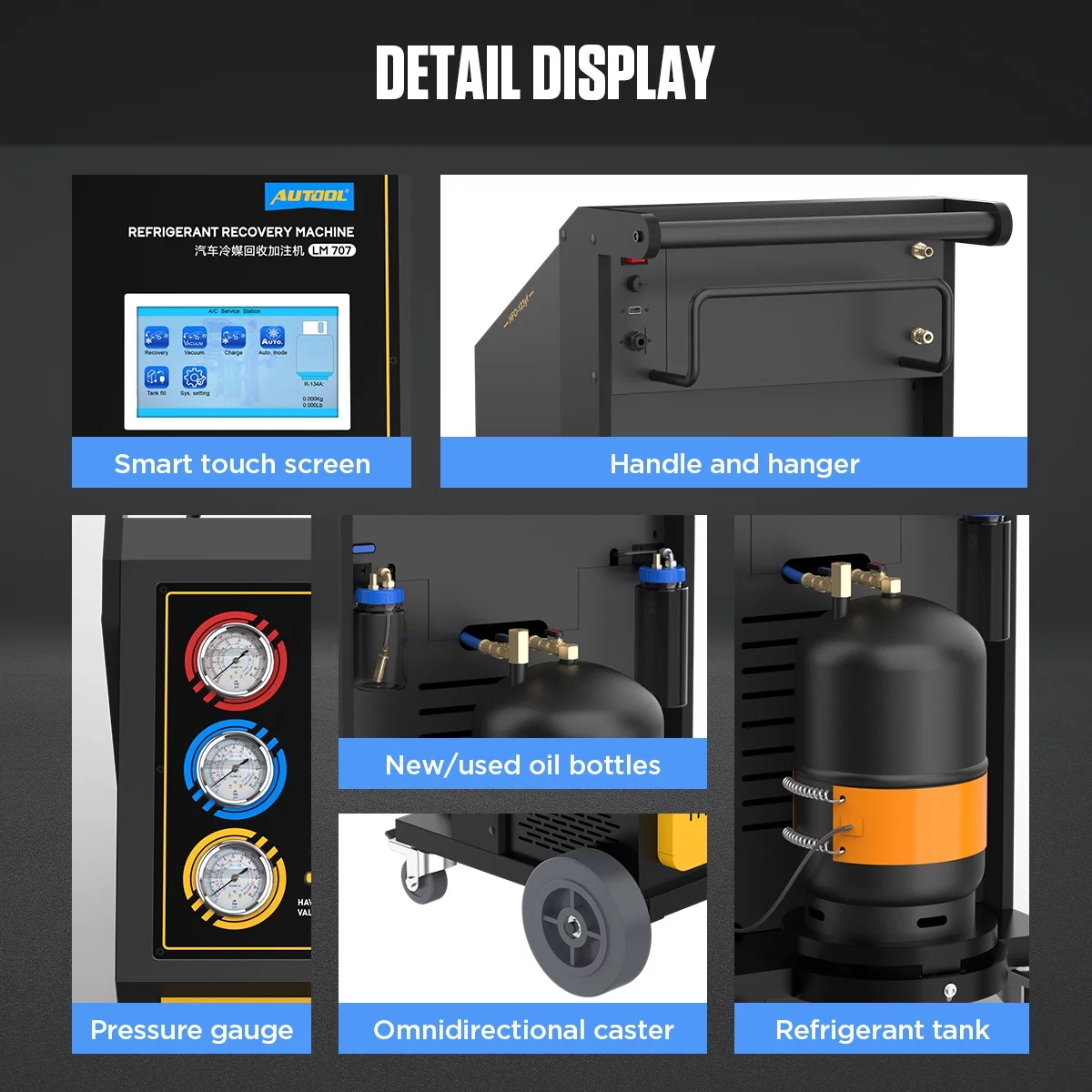 AUTOOL LM707 Automoatic AC Refrigerant Recharge Recovery Machine 3/8 HP Refrigerant Recovery Machine AC 110V 60Hz Refrigerant Recycle Filling Machine
