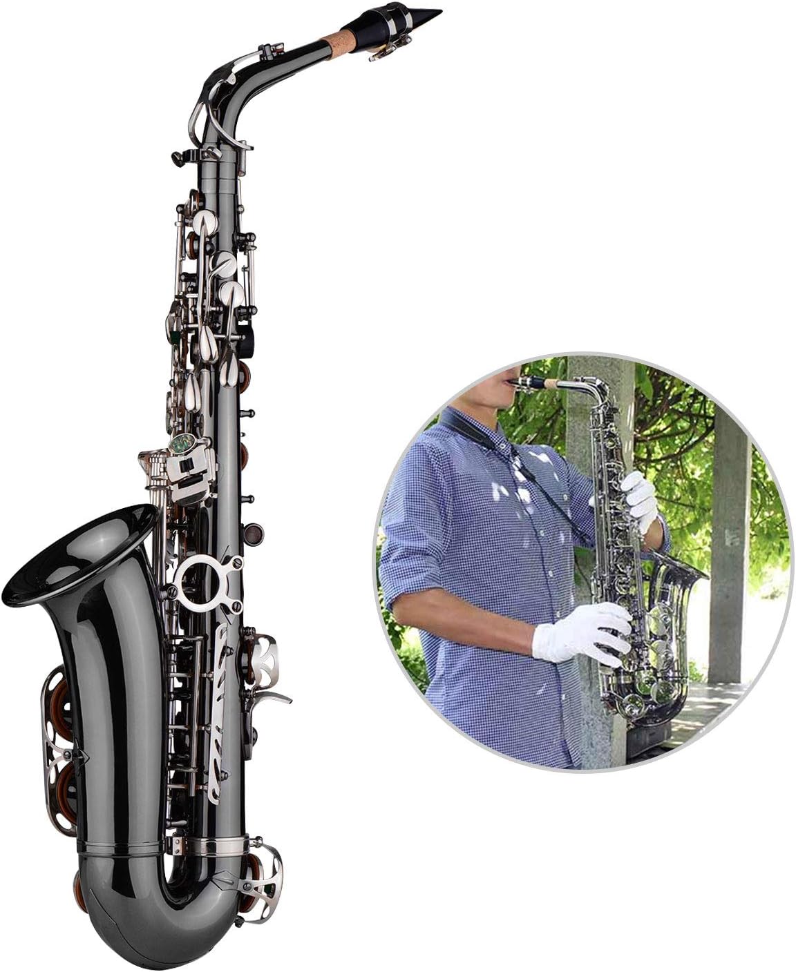 Btuty Eb E-flat Alto Saxophone Professional Brass Bend Sax Black Nickel Plating Abalone Shell Keys with Carrying Case Gloves Cleaning Cloth Straps