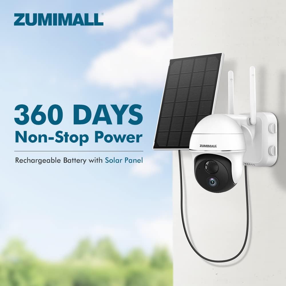 Zumimall Wireless Security Cameras, Outdoor WiFi Pan Tilt 360-degree Camera, Solar Rechargeable Battery Powered for Home Security