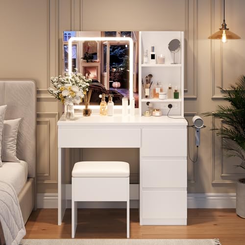 Vanity Desk with Mirror and Lights - Modern Makeup Dressing Table with Outlets, Storage Stool, 4 Drawers & Hair Dryer Holder