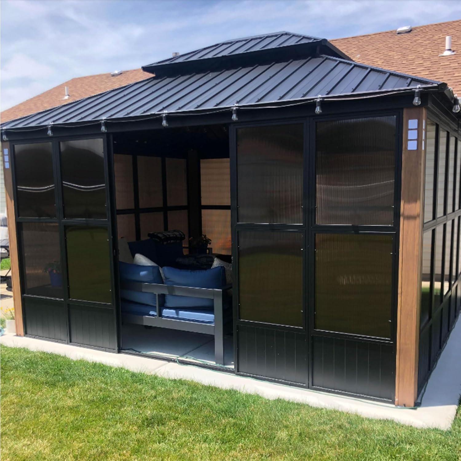 PURPLE LEAF 12' X 14' Patio Hardtop Gazebo Double Top Outdoor Screen House Aluminum Solarium Backyard Sun Room with Detachable Windows and 24 Solar