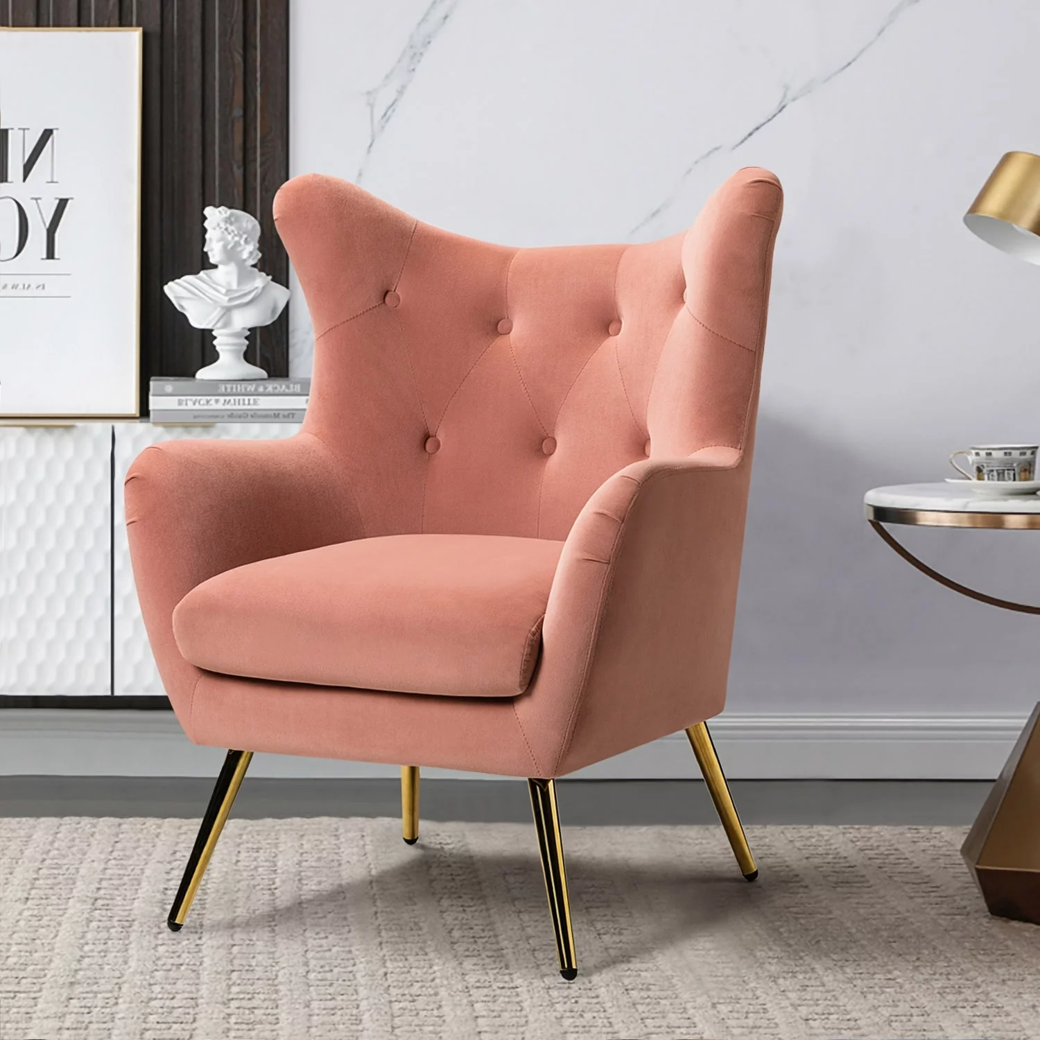 HULALA HOME Eusebio Tufted Velvet Accent Chair with Wingback, Arms, and Metal Gold Legs for Living Room or Bedroom by  GREEN