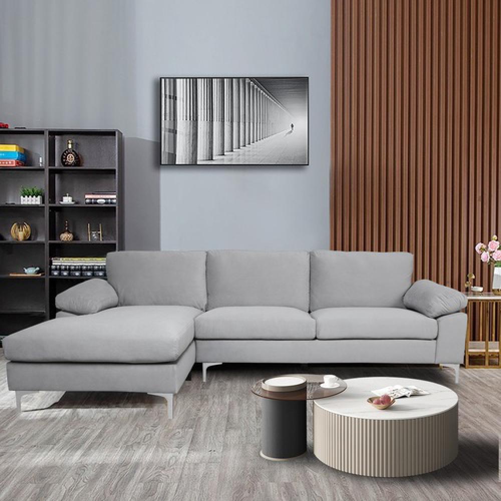 Fooing Modern Velvet Sofa Sectional Sofa, L-Shape Sofa  Couch with Extra Wide Chaise Lounge, Left Hand Facing Gray