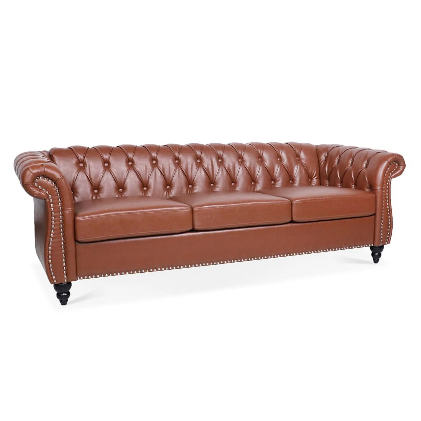 CRO Decor 84' BROWN PU Rolled Arm Chesterfield Three Seater Sofa-Brown