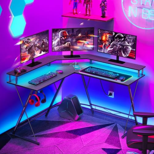 SEVEN WARRIOR Gaming Desk 50.4” with LED Light & Power Outlets, L-Shaped Gaming Desk Carbon Fiber Surface with Monitor Stand