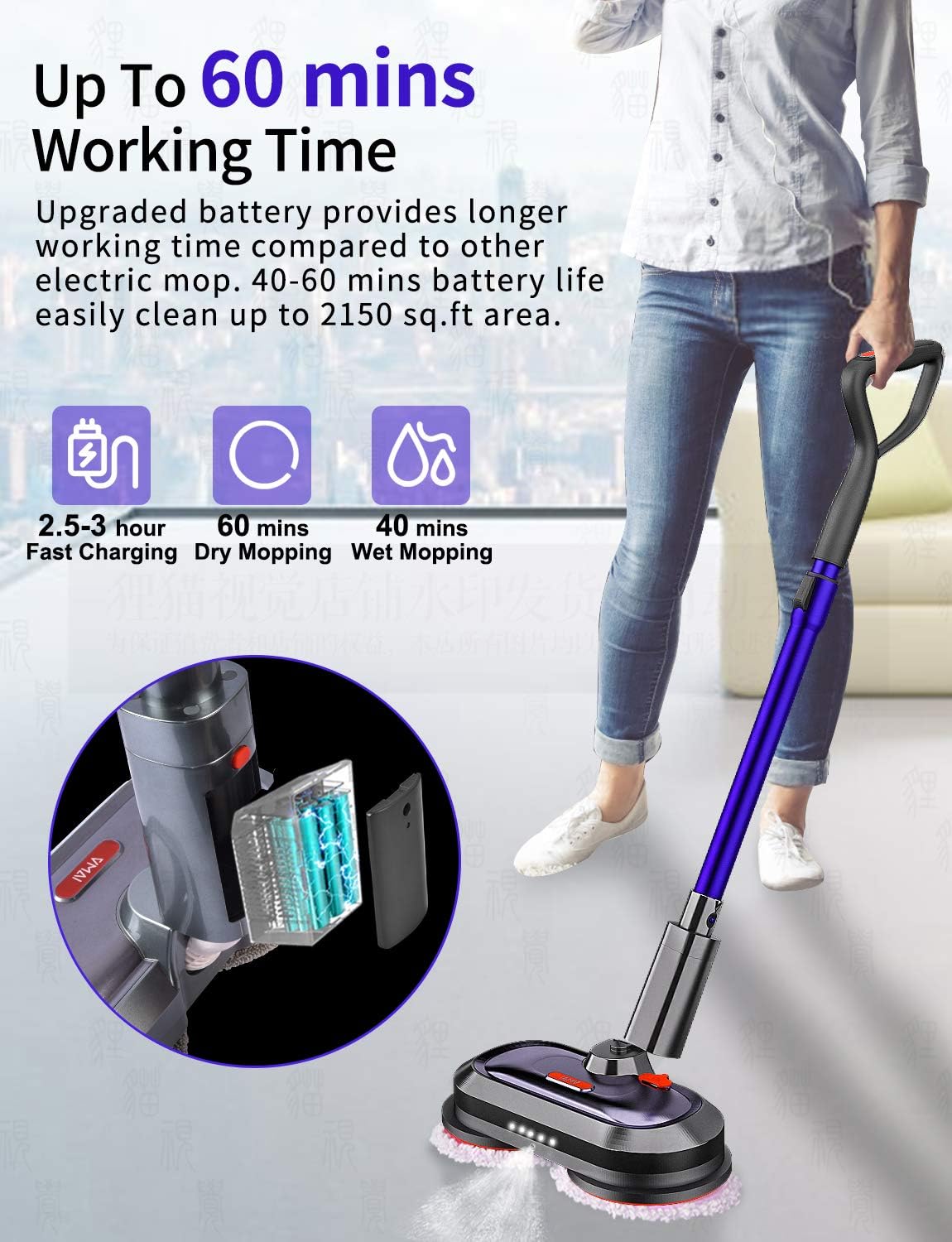 Electric Mop, Cordless Electric Mop, with Detachable Battery & 300ml Water Tank, Spin Mop with LED Headlight and Sprayer, for Hardwood, Tile