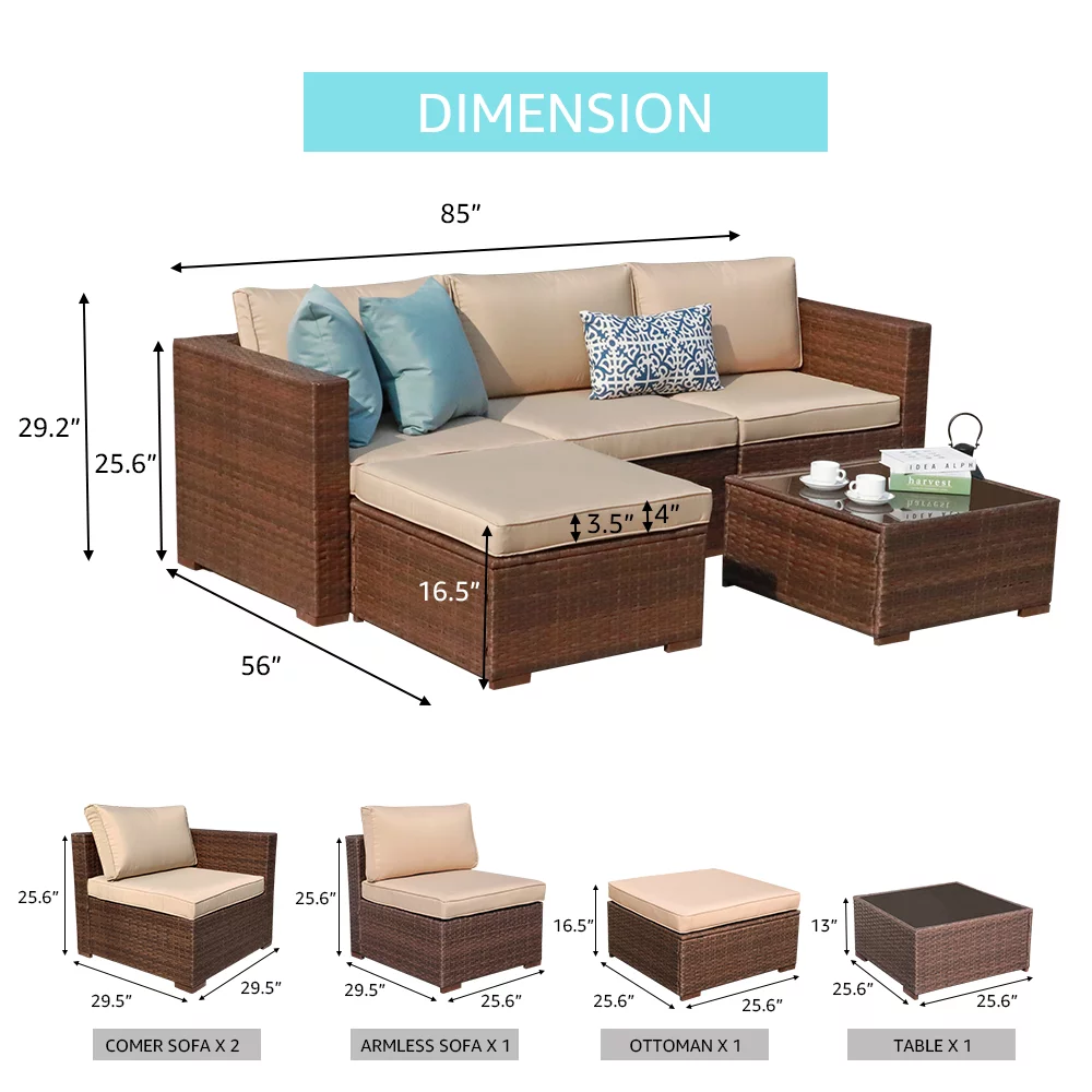 Patiorama 5-Piece Patio Furniture Set, Outdoor Sectional Conversation Set, All-Weather Brown PE Wicker with Beige Cushions
