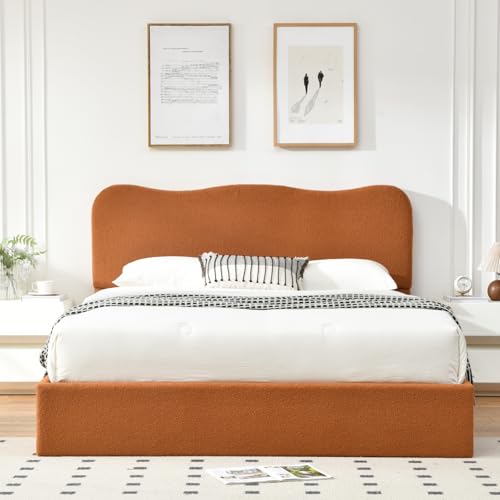 VELOCAVA Queen Size Lift-Up Storage Bed, Upholstered Boucle Bed with Curved Headboard, Rounded Corners, Sturdy Wooden Slat Support