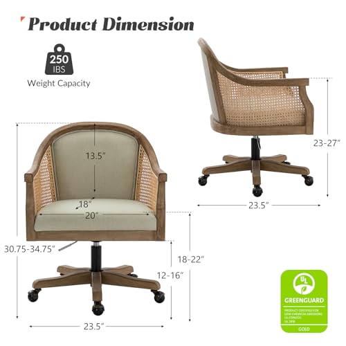 HULALA HOME Rattan Desk Chair, Upholstered Home Office Chair, Vintage Office Chair with Armrest