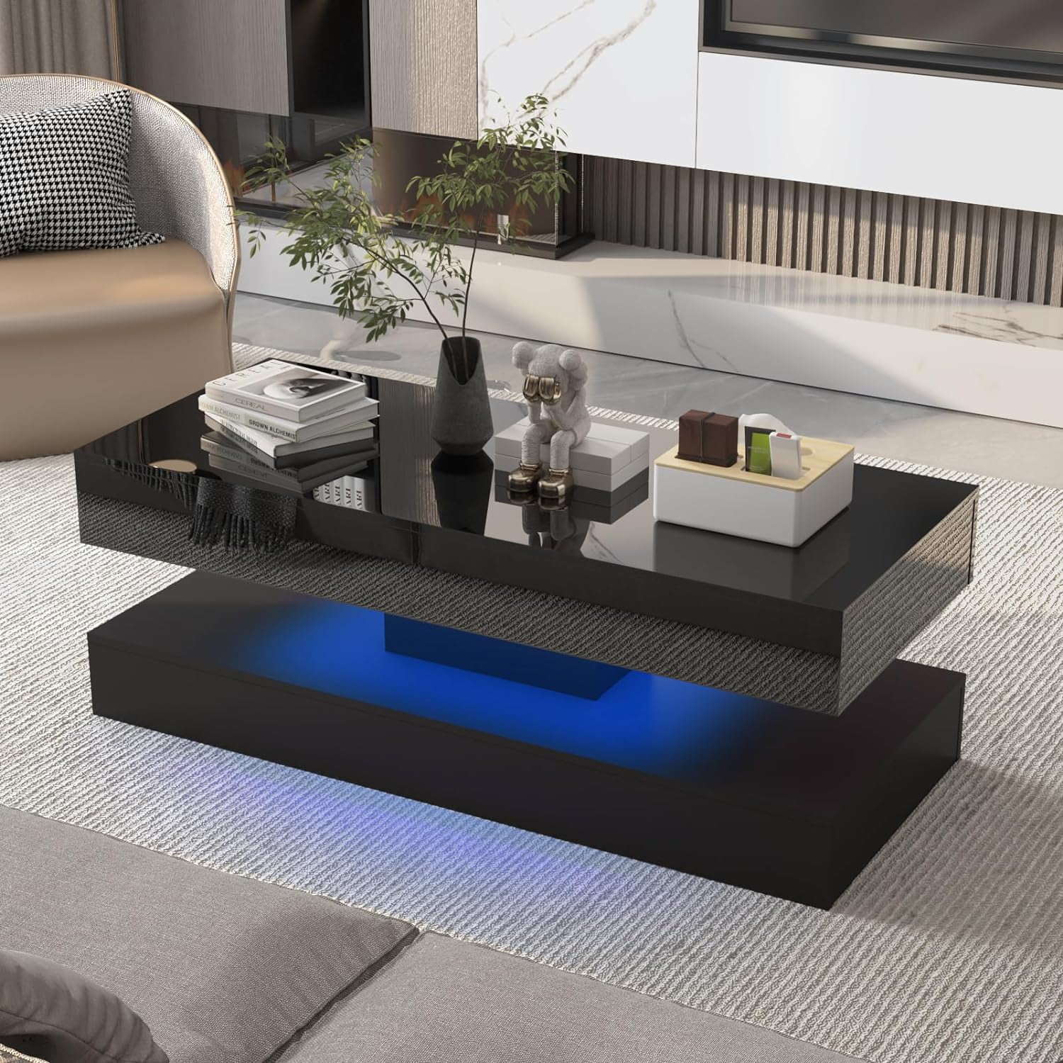 ChVans LED Coffee Table with 2 Storage Drawers, Modern High Gloss Black Coffee Table w/20 Colors LED Lights & APP Control, Large Living Room Furniture