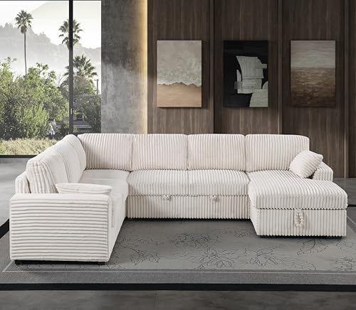 L-Shaped Pull Out Sleep Sofabed,Modern Reversible Sleeper Sectional Sofa Chenille Upholstered Button Tufted Decor with Storage Chaise