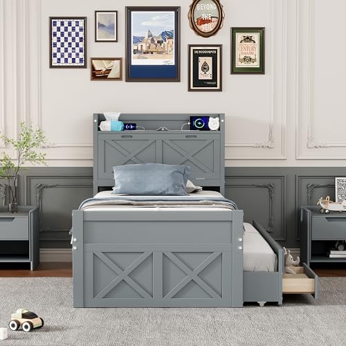 Harper & Bright Designs Twin Size Captain Platform Bed with Bookcase Headboard, Wood Twin Bed Frame with Storage Drawers and Shelves