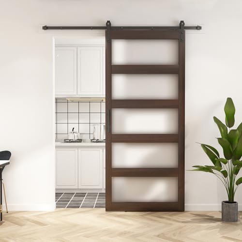 BARNSMITH 42in x 84in Glass Barn Door with 7FT Sliding Door Hardware Kit Included & Handle