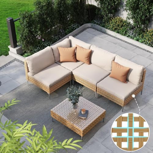 Grand patio 7-Piece Wicker Patio Furniture Set, Boho Outdoor Conversation Set Sectional Sofa with Water Resistant Thick Cushions and Coffee Table