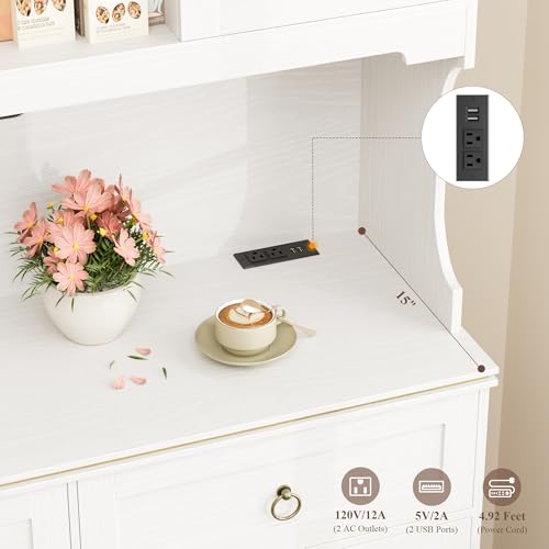 HOSTACK Large Kitchen Pantry Cabinet with Charging Station, 71" Kitchen Hutch Cabinet with Storage Drawers and Countertop