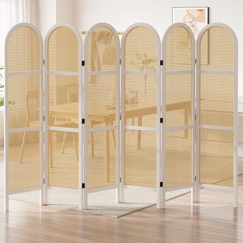 Room Divider and Folding Privacy Screens, Pine Wood 5.6 Ft Double Hinged Rattan Partition Freestanding Wall Room Divider for Home - 3 Panels