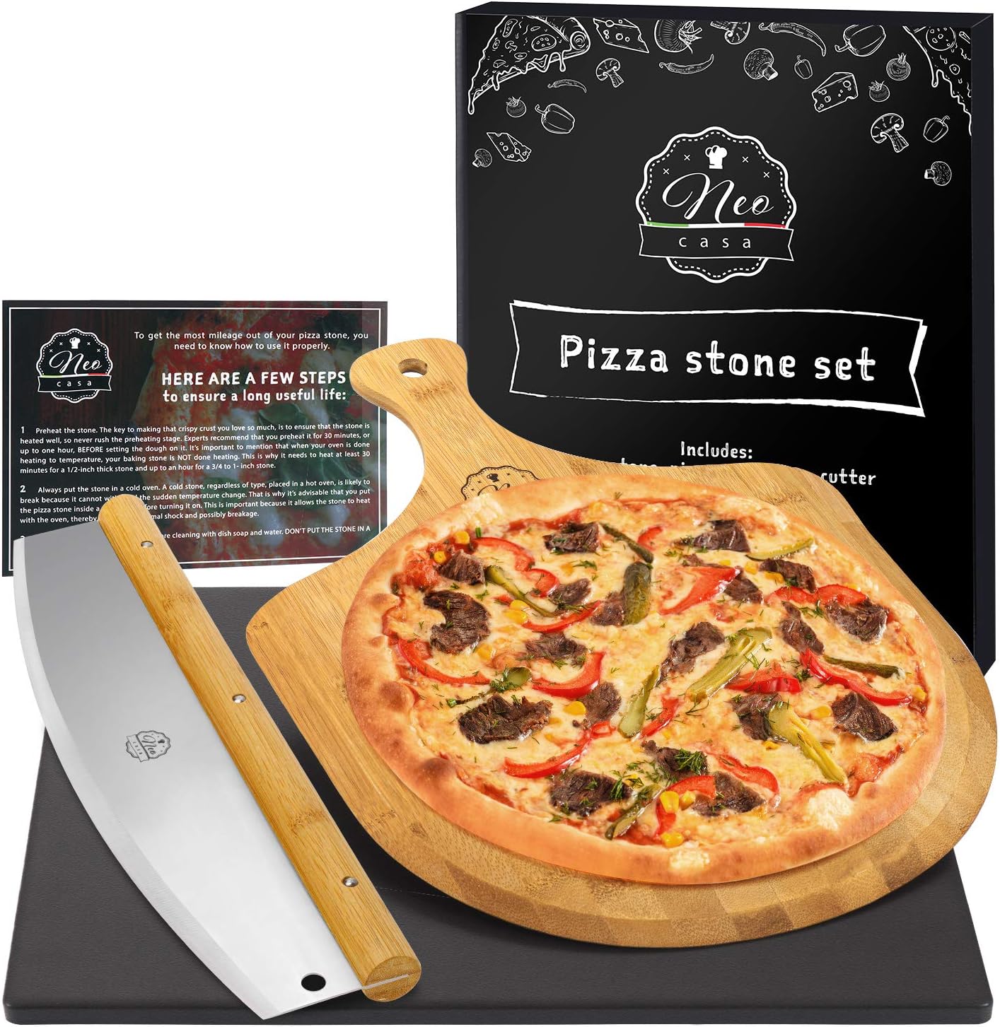 NeoCasa Black Cordierite Ceramic Coated Pizza Stone Pan Set with Bamboo Pizza Peel & Pizza Cutter - Baking Stones for Oven, Grill & BBQ