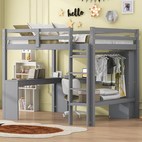 SOFTSEA Full Size Loft Bed with Desk & Wardrobe, Wood Loft Bunk Bed with Storage Shelves and Cabinets