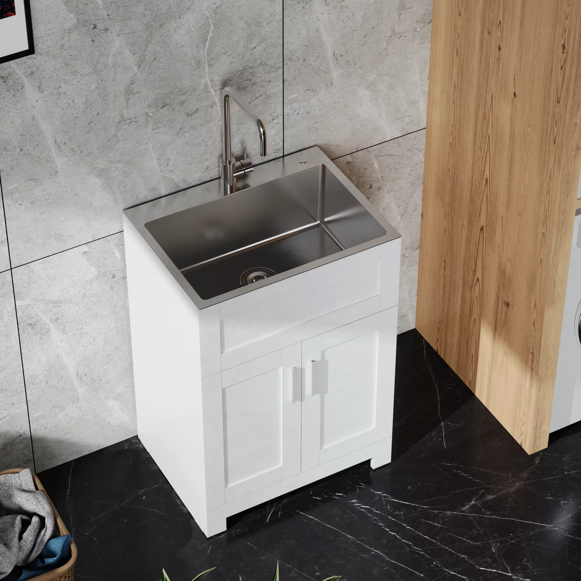 CoSoTower 24in White Paint Free Laundry Tub Cabinet w/ Stainless Steel Combo