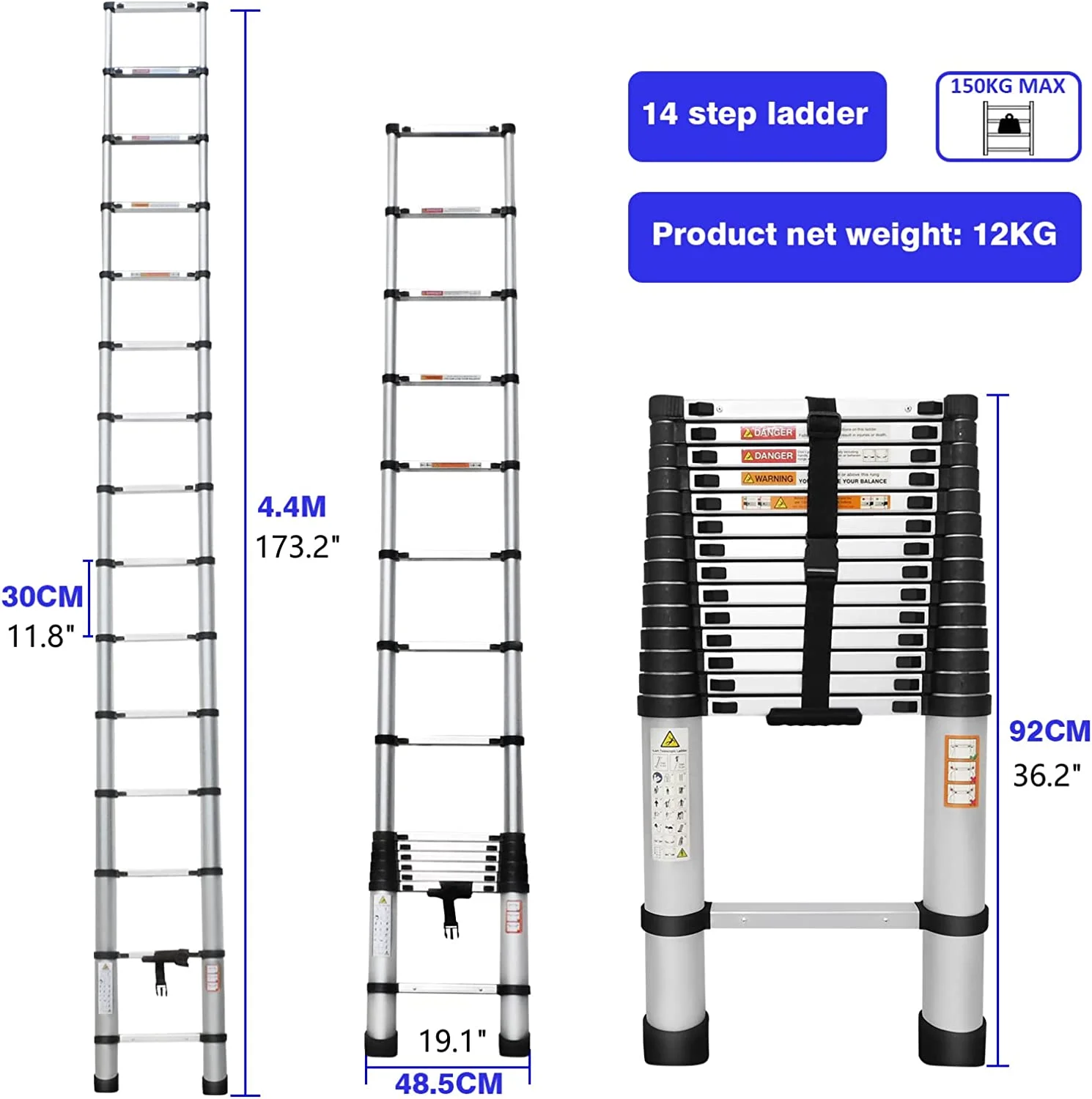 Telescoping Ladder, 14.4 FT Aluminum Lightweight Extension Ladder, Telescopic Ladders for Outdoor Indoor Use