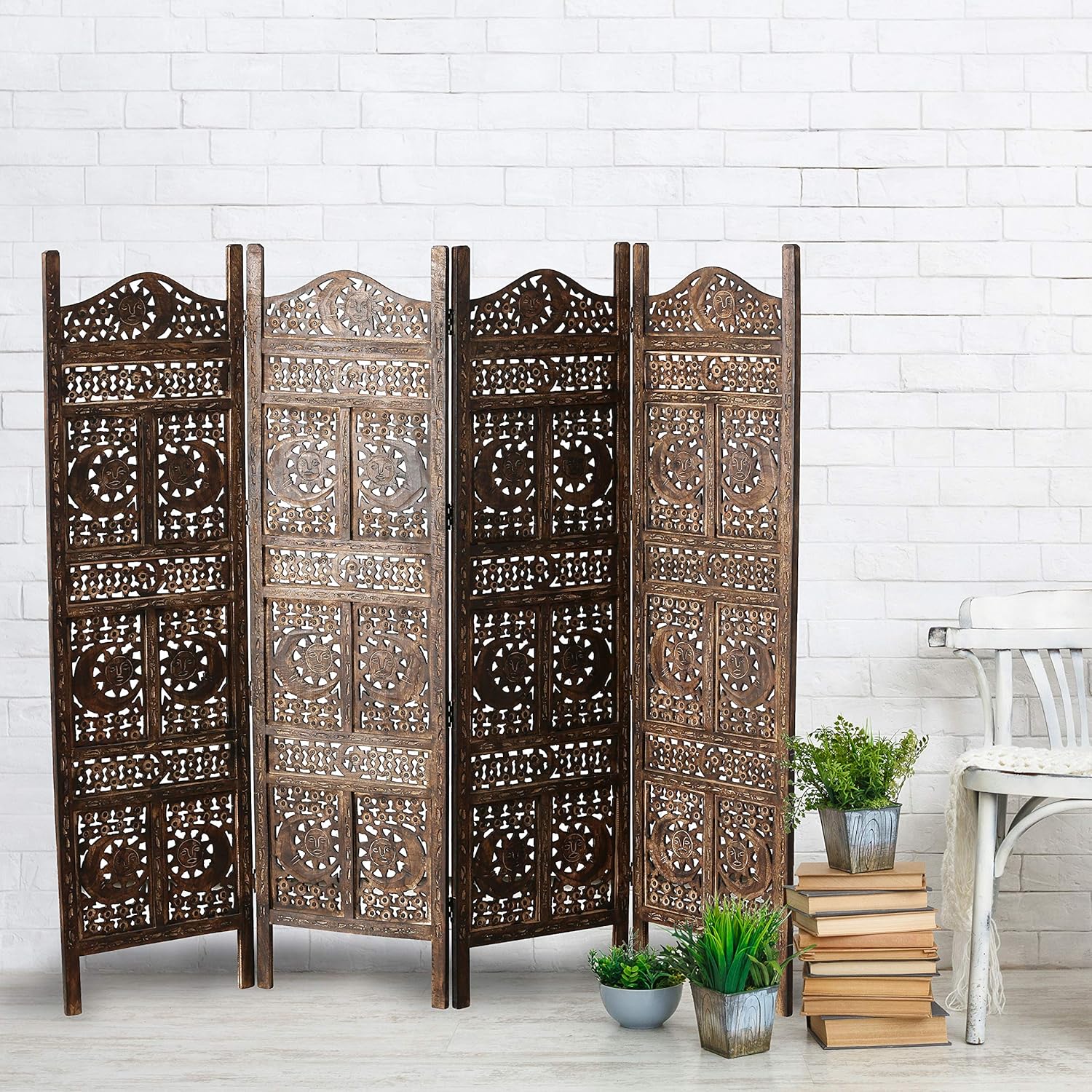 Global Chic Sun, Moon and Star 4 Panel Screen Room Divider of Hand Carved Sustainable Mango Wood