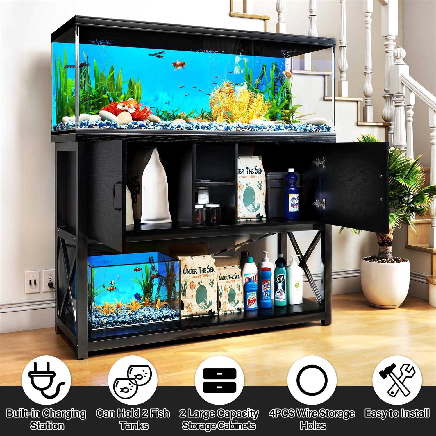 Tc-homeny 55-75 Gallon Aquarium/Fish Tank Stand 2 layers with Cabinet and Charging Station/Power Outlets