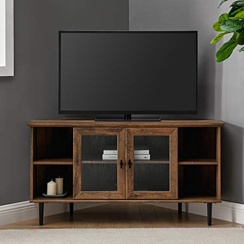 Walker Edison Modern Wood Corner Universal TV Stand with Open Shelves Glass Cabinet Doors Storage for TV's up to 55" Flat Screen Living Room Storage