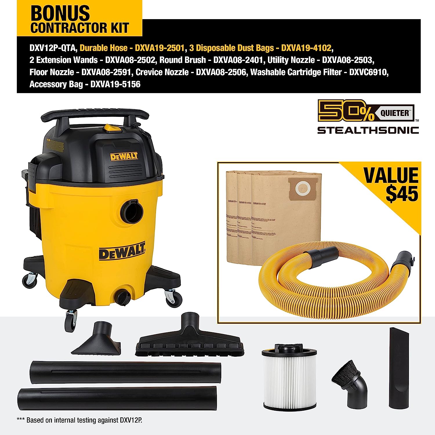 DEWALT 12 Gallon STEALTHSONIC Poly Wet/Dry Vacuum, DXV12P-QTA Newest Noise Reduction Vac, Heavy Duty Shop Vacuum for Jobsite/Workshop