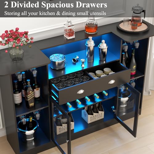 Loomie Bar Table Cabinet with LED & Drawer, Mini Liquor Bar with 8-Tier Storage & Stemware Holder