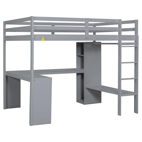 SOFTSEA Full Size Loft Bed with Desk & Wardrobe, Wood Loft Bunk Bed with Storage Shelves and Cabinets