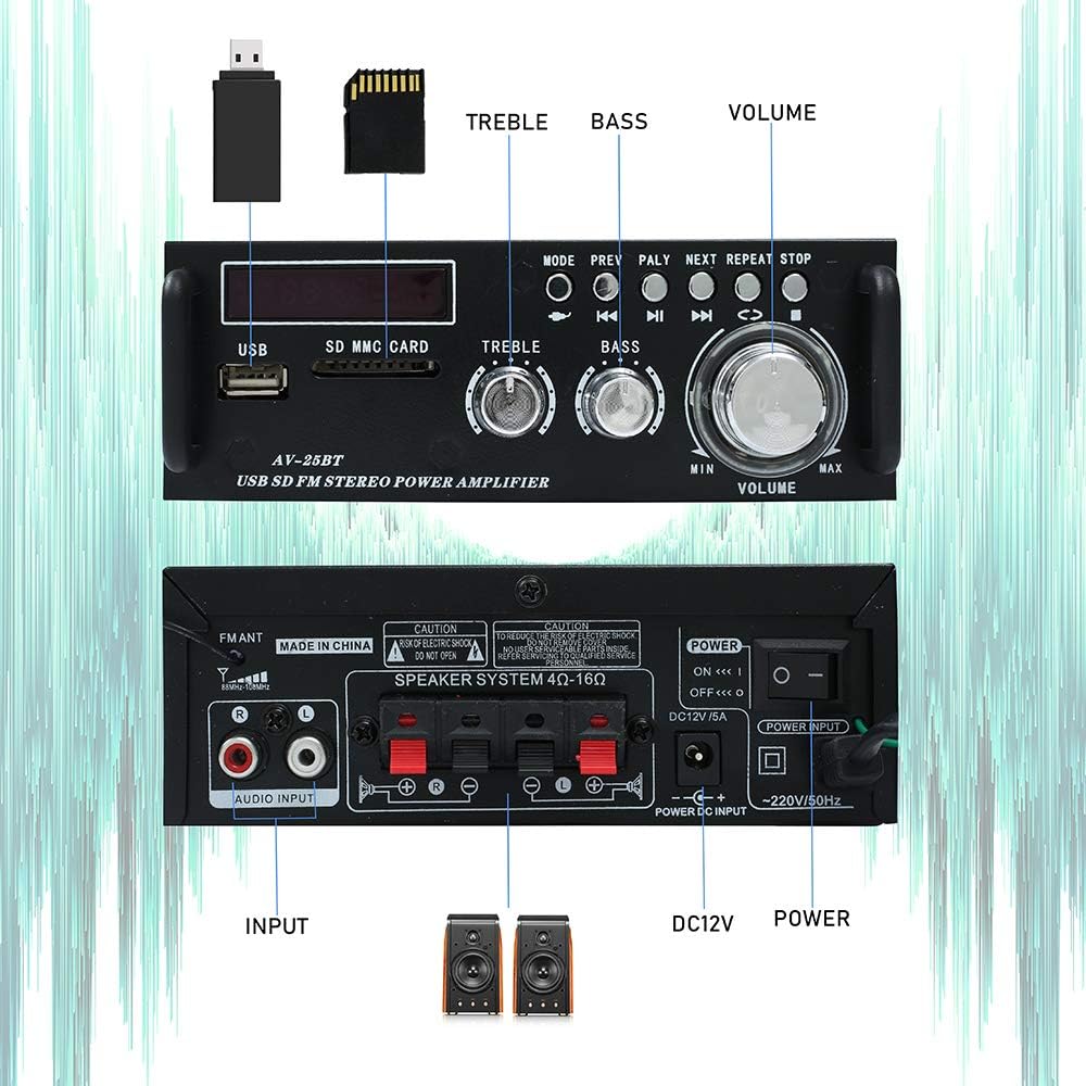 Wireless Bluetooth 5.0 Stereo Amplifier System – 200W Hi-Fi Dual Channel Sound Power Audio Receiver w/USB, SD Card