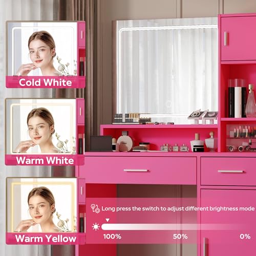 Vanity Desk with Mirror and Light, Large Drawer and Three Level Storage Dresser, 3 Lighting Modes Adjustable Brightness