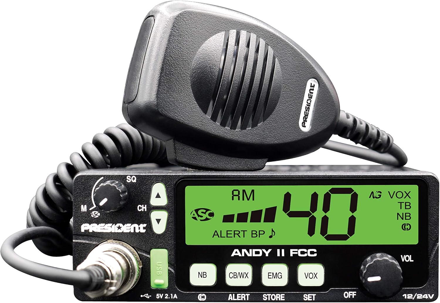 New President Andy II 12/24V FCC CB Radio with Weather Channel/Alert, Scan, USB Port, VOX and Much More!