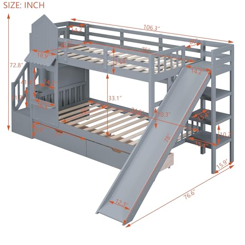 SOFTSEA Twin Over Twin Bunk Bed with Slide and Storage Solid Wood Bunk Bed Frame with Staircase and Drawers, Pink