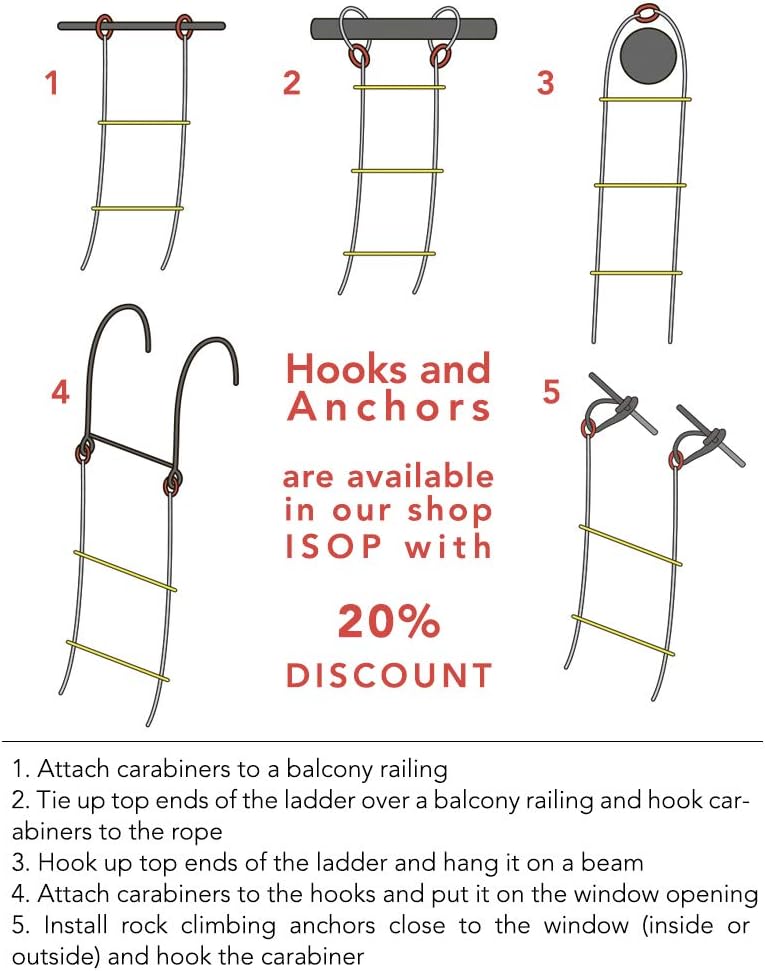 ISOP Fire Escape Ladder for Second Story Windows 13ft Weather Resistant Safety Rope Window Ladder Fire Escape 2 Story with Hooks (13ft with Hooks)