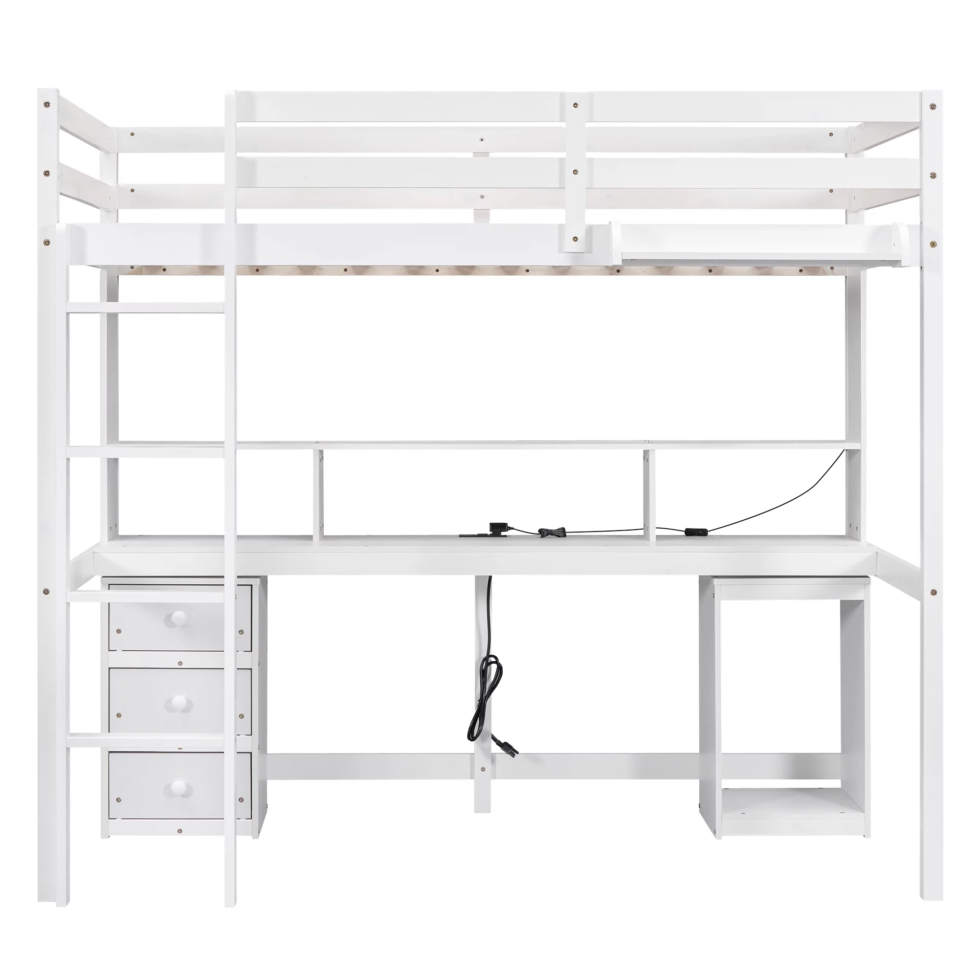 Euroco Twin Size Loft Bed with Built-in Desk, 3 Drawers and USB Charging Station, LED Light Under Bed Space