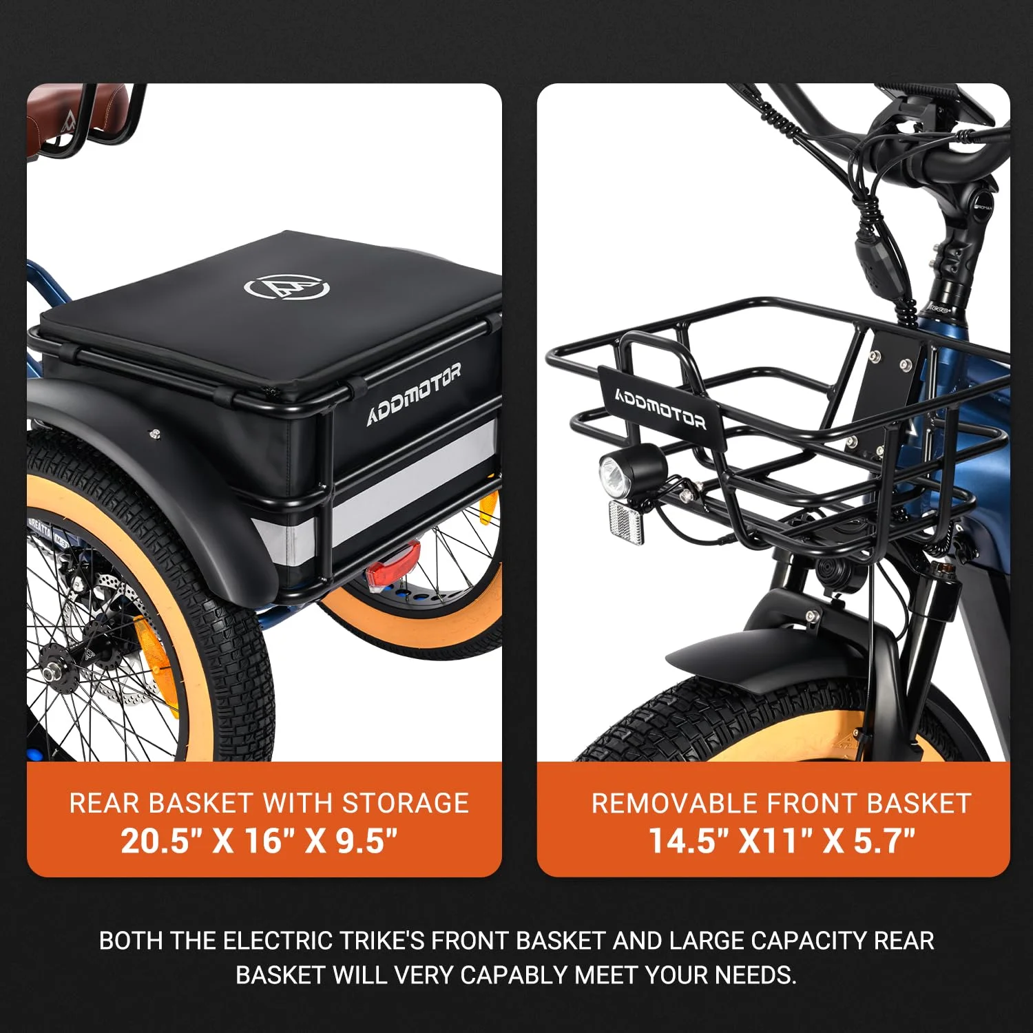 Addmotor Electric Trike for Adults, 750W Rear Mount Motor Electric Tricycle, 85MI/160MI, 48V 20AH/40AH Dual Battery System